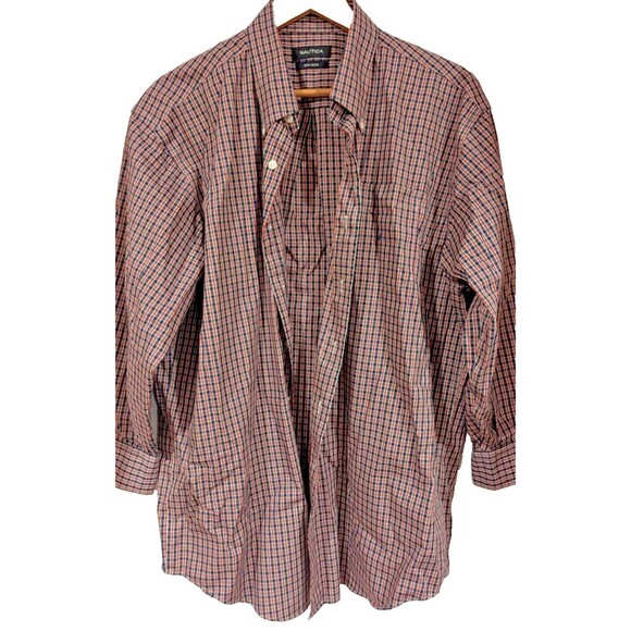 Nautica Non- Iron Men's Long Sleeve Dress Shirt‎ Size 17.5 34/35 Red Blue Plaid - Picture 1 of 5